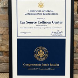 Car Source Collision Center - Thank you, Congressman Jamie Raskin, for recognizing our business. We truly appreciate your support and our commitment to excellence