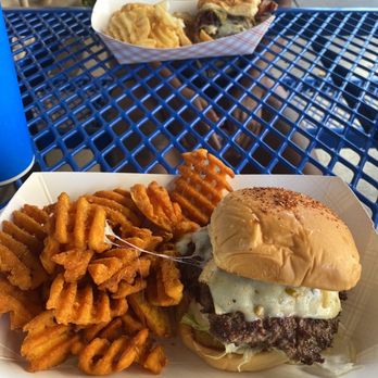 Smash'd Burger Bar - Tajin burger with sweet potato waffle fries - Burgers Near Me - Indianapolis, Indiana