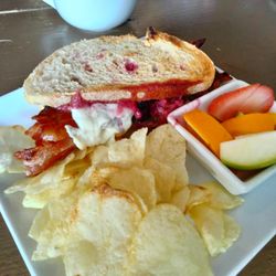 Pallet Cafe - Bacon Brie Jelly Sandwich, fresh fruit and potato chips