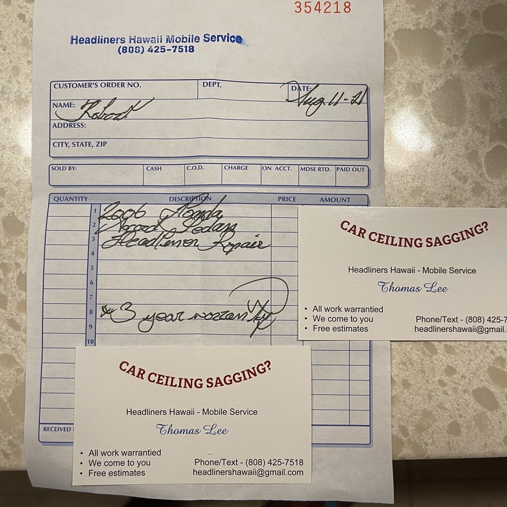 Headliners Hawaii Mobile Service - Receipt with 3 years warranty! - Auto Upholstery Near Me Headliners Hawaii Mobile Service - Receipt with 3 years warranty! - Auto Upholstery Near Me