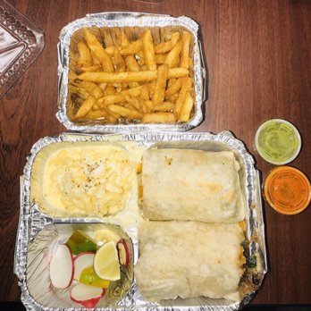 La Bamba Taqueria - 4. Veggie Burrito with 1. Mac and Cheese and 2. French Fries - Mexican Near Me - New York, New York La Bamba Taqueria - 4. Veggie Burrito with 1. Mac and Cheese and 2. French Fries - Mexican Near Me - New York, New York