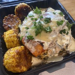 Stuffed Salmon Potato & Jerk Corn