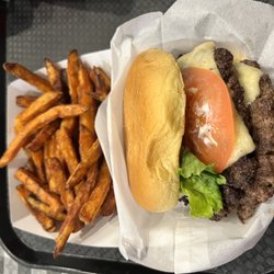 Toula Burger - Double burger with cheese and sweet potato fries.