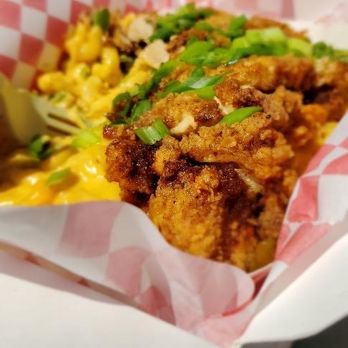 Surf 2 Soul - Stacked Mac (amazing Mac and cheese with Cajun fried chicken on top with green onions) - Southern Near Me - Astoria, Oregon Surf 2 Soul - Stacked Mac (amazing Mac and cheese with Cajun fried chicken on top with green onions) - Southern Near Me - Astoria, Oregon