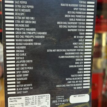 Sena's Beef Jerky - the menu - A menu board from Sena's Beef Jerky displays a variety of jerky flavors, seasonings, and toppings, including spicy, sweet, and savory options. - Specialty Food Near Me - Albuquerque, New Mexico