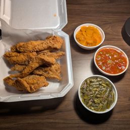 Six Piece Catfish diner with green beans, ocra and tomatoes, and sweet potatoes!! Six Piece Catfish diner with green beans, ocra and tomatoes, and sweet potatoes!!