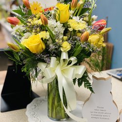 Good Vibes Gifts & Flowers - Beautiful flower arrangement and cat cutout with thoughtful saying.