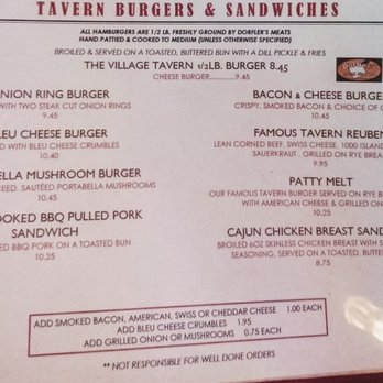 The Village Tavern - Burgers & Sandwiches menu. Fri dinner 2017-06-30 - American Near Me - Long Grove, Illinois The Village Tavern - Burgers & Sandwiches menu. Fri dinner 2017-06-30 - American Near Me - Long Grove, Illinois
