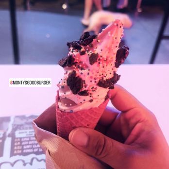 Monty's Good Burger - Red velvet ice cream cone swirl - Burgers Near Me - Culver City, California Monty's Good Burger - Red velvet ice cream cone swirl - Burgers Near Me - Culver City, California