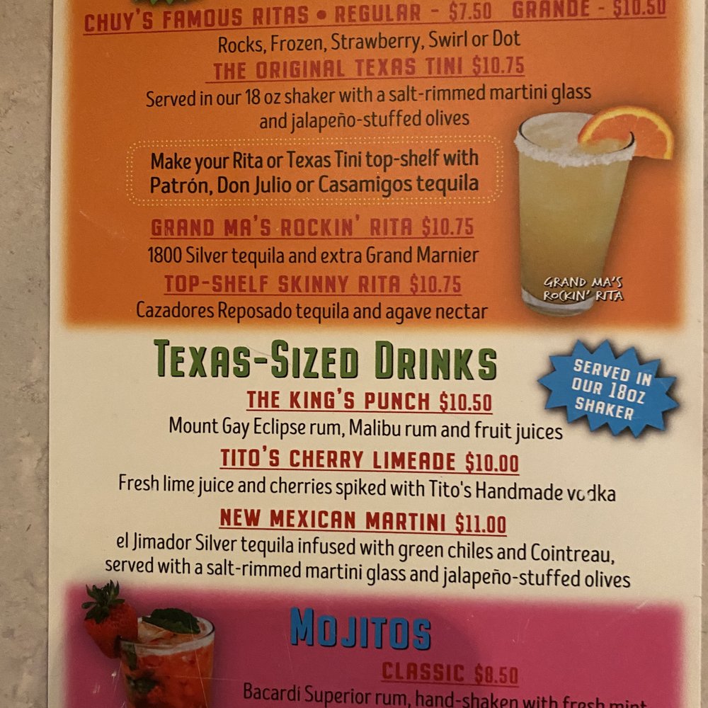 Chuy's - Drink Menu page 1 - Tex-Mex Near Me - Kissimmee, Florida Chuy's - Drink Menu page 1 - Tex-Mex Near Me - Kissimmee, Florida