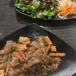 Spicy Noodle with fried tofu and Vegan Duck with rice