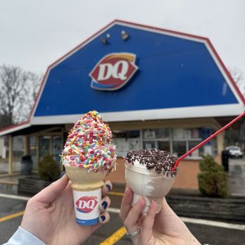 Dairy Queen Ltd Brazier - Twist with rainbow sprinkles in a cone (left) and twist with chocolate sprinkles in a cup (right) - Ice Cream & Frozen Yogurt Near Me - Natick, Massachusetts