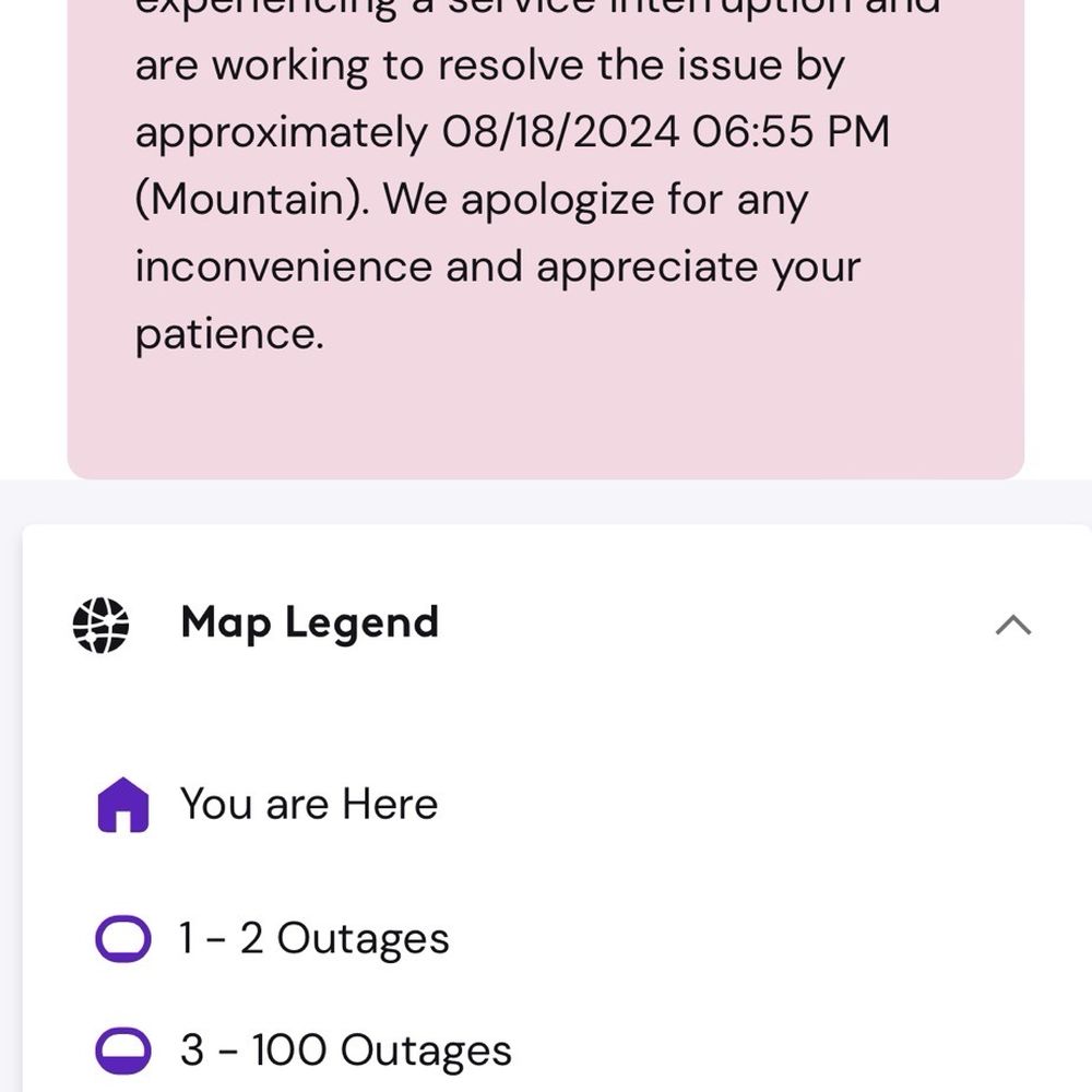 Service down. Expect this very often if you use their Internet. Service down. Expect this very often if you use their Internet.