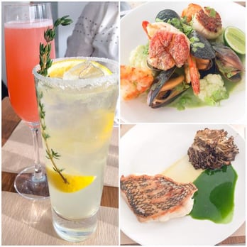 Perry St - Rhubarb Royale, Vodka Thyme Lemonade, Maine Shellfish a la Plancha, & Pan Seared Black Seabass - New American Near Me - New York, New York