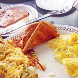 All-star breakfast with city ham, has browns smothered, covered, and peppered in place of grits. All-star breakfast with city ham, has browns smothered, covered, and peppered in place of grits.