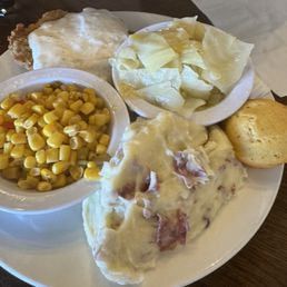 Country fried steak with white gravy, red skinned mashed potatoes, Fire roasted corn, cabbage and corn muffin Country fried steak with white gravy, red skinned mashed potatoes, Fire roasted corn, cabbage and corn muffin