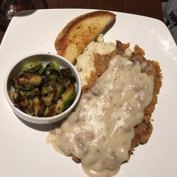 Pub W - Chicken fried filet mignon with mashed potatoes and balsamic Brussels sprouts - Pubs Near Me - Tulsa, Oklahoma