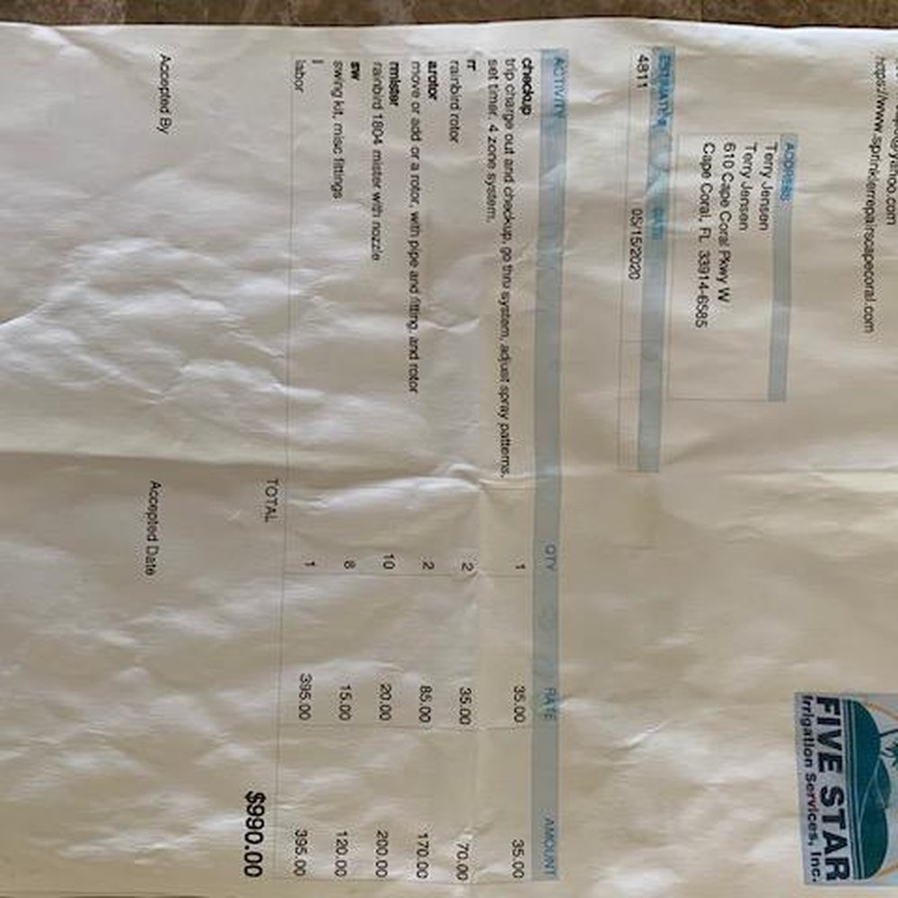 Five Star Irrigation Services - First bill of $990.00 - Irrigation Near Me - Cape Coral, Florida