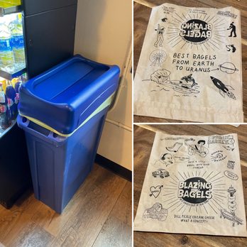 Blazing Bagels - Compost/Recycling bin. Would love to see signage and an additional (green) bin for compost only. - Bagels Near Me - Issaquah, Washington Blazing Bagels - Compost/Recycling bin. Would love to see signage and an additional (green) bin for compost only. - Bagels Near Me - Issaquah, Washington