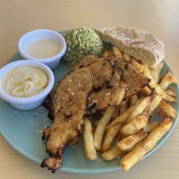 Chicken schnitzel fries Brussels slaw hummus taziki