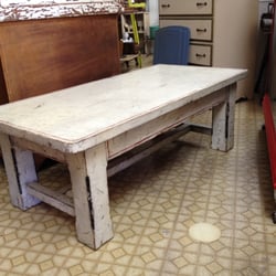 Foothill Antiques - Troy Wesnidge custom-design table. Includes drawer. Distressed style.
