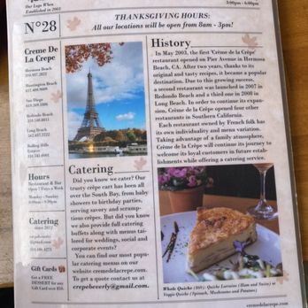 Creme De La Crepe - Menu newspaper style - French Near Me - Hermosa Beach, California