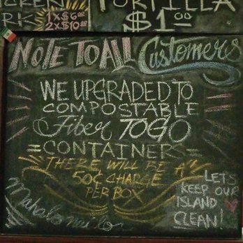 Tiki Tacos - There are three things I like. 1- compostable to go containers. 2-they are charging extra for the to go containers. 3-letting you know why. - Mexican Near Me - Kapaa, Hawaii Tiki Tacos - There are three things I like. 1- compostable to go containers. 2-they are charging extra for the to go containers. 3-letting you know why. - Mexican Near Me - Kapaa, Hawaii