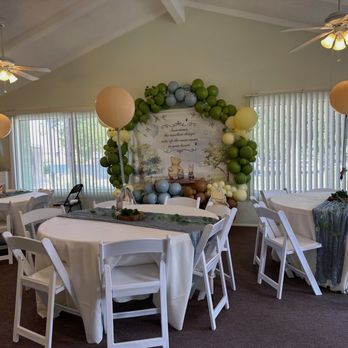 Russell Rentals - Round tables with linen and table runners + our resin chairs for this baby shower in Corona, CA. - Party Equipment Rentals Near Me