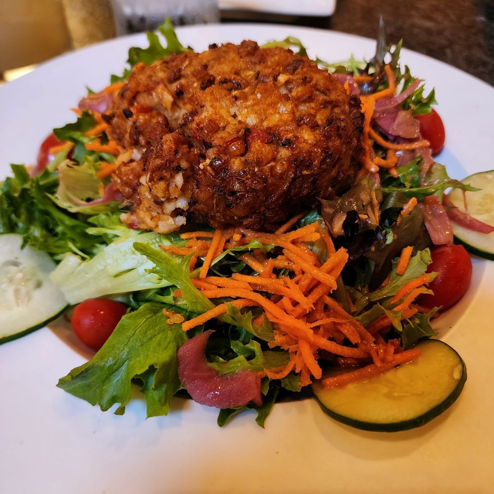 Scratch Kitchen & Taproom - House salad with veggie pattie - Bars Near Me - Apex, North Carolina Scratch Kitchen & Taproom - House salad with veggie pattie - Bars Near Me - Apex, North Carolina