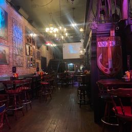 a photo of a dimly lit bar