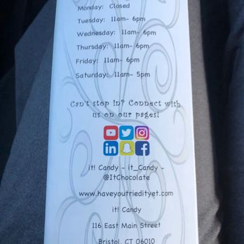 it! Candy - A vertical printed menu displays store hours, social media icons, and contact details for a candy shop in Bristol, CT, with a light background and decorative patterns. - Candy Stores Near Me - Bristol, Connecticut