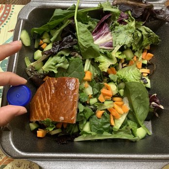 DeVivo's Eatery - Grilled salmon salad. (Granted I asked for no feta cheese and no dressing) blue water bottle cap for size reference. - New American Near Me - Keller, Texas