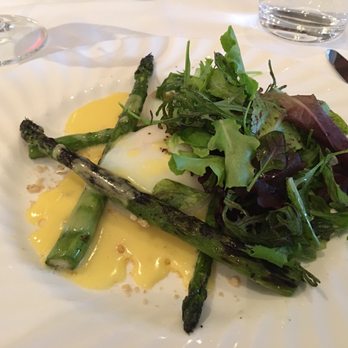 Auberge du Pommier - the salad of greens, asparagus almondine and a poached egg with a light hollandaise sauce. - French Near Me - Toronto, Ontario Auberge du Pommier - the salad of greens, asparagus almondine and a poached egg with a light hollandaise sauce. - French Near Me - Toronto, Ontario