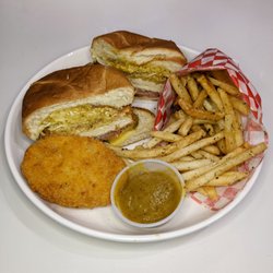 Katsu Burger - Honey Miso Tofu Burger, Nori Fries, and Potato Croquette