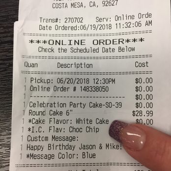 Baskin-Robbins - This was the receipt of the order that I placed. The receipt stated "white cake with chocolate chip ice cream" - Ice Cream & Frozen Yogurt Near Me - Costa Mesa, California Baskin-Robbins - This was the receipt of the order that I placed. The receipt stated "white cake with chocolate chip ice cream" - Ice Cream & Frozen Yogurt Near Me - Costa Mesa, California