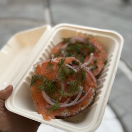 Everything bagel with smoked salmon, cream cheese, capers, red onion and dill