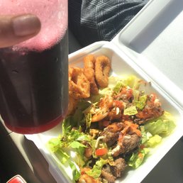Hibiscus tea, Afro salad with steak and shrimp, and calamari