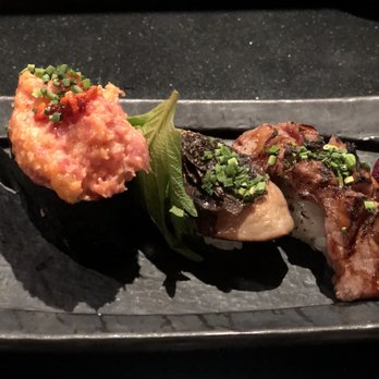 Oishii Boston - special sushi: spicy crispy toro gunkan; foie gras with truffle; tenderloin wagyu sushi (from left to right) - Japanese Near Me - Boston, Massachusetts Oishii Boston - special sushi: spicy crispy toro gunkan; foie gras with truffle; tenderloin wagyu sushi (from left to right) - Japanese Near Me - Boston, Massachusetts
