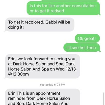 Dark Horse Salon & Spa - Text saying they would recolor my hair and then they refused to recolor it. - Hair Salons Near Me - Omaha, Nebraska Dark Horse Salon & Spa - Text saying they would recolor my hair and then they refused to recolor it. - Hair Salons Near Me - Omaha, Nebraska