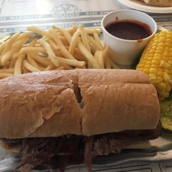 Joey's Bar-B-Q - Two meat sandwich with fries and corn on the cob. - Barbeque Near Me - Chino, California Joey's Bar-B-Q - Two meat sandwich with fries and corn on the cob. - Barbeque Near Me - Chino, California