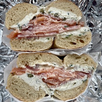 Jersey Bagels - Nova lox sandwich: Garlic bagel with onion and chive cream cheese, capers, tomato, & onion - Bagels Near Me - Houston, Texas Jersey Bagels - Nova lox sandwich: Garlic bagel with onion and chive cream cheese, capers, tomato, & onion - Bagels Near Me - Houston, Texas