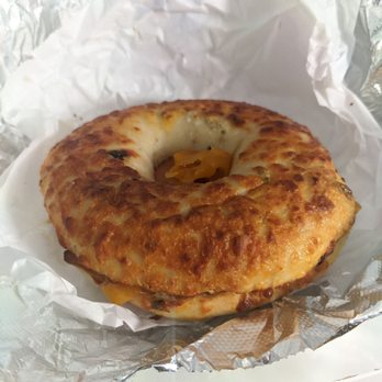 Frappe Joe Coffee Roasters - Maple turkey bacon and steamed egg in a jalapeno cheddar bagel with NY cheddar - Coffee & Tea Near Me - Edison, New Jersey