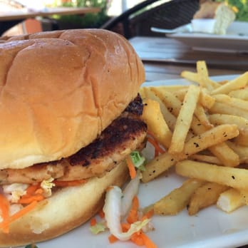 Belmont Brewing - Salmon burger with fries - Breweries Near Me - Long Beach, California Belmont Brewing - Salmon burger with fries - Breweries Near Me - Long Beach, California