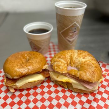 Fresh Donuts - a croissant sandwich and a cup of coffee - Donuts Near Me - San Bernardino, California