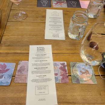 Kivelstadt Cellars & Winegarden - Our flight that also came with their own coasters for each wine, super cute idea - Wine Tasting Room Near Me - Sonoma, California