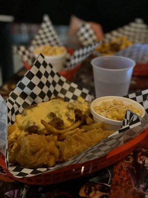 Photo of Doomie's Home Cookin' - Los Angeles, CA, US. VEGAN Fried Chicken Basket with Chili Cheese Fries and Mac'n'Cheese.