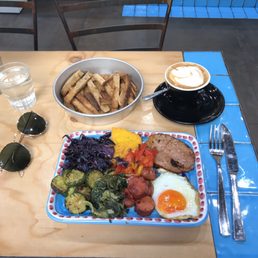 Breakfast buffet and cappuccino