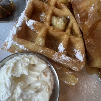Showroom - Waffles with banana compote - New American Near Me - Frederick, Maryland Showroom - Waffles with banana compote - New American Near Me - Frederick, Maryland