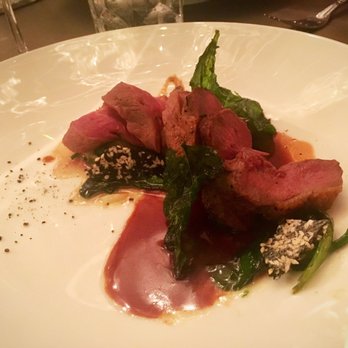 Sepia - Duck breast ($36): with Chinese broccoli, umeboshi, rhubarb gastrique, and sesame crisps. Delicate and terrific flavor pairings! - New American Near Me - Chicago, Illinois Sepia - Duck breast ($36): with Chinese broccoli, umeboshi, rhubarb gastrique, and sesame crisps. Delicate and terrific flavor pairings! - New American Near Me - Chicago, Illinois
