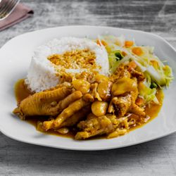 Hummingbird Lounge and Grill - Lunch menu - Curried chicken feet with white rice and vegetables.